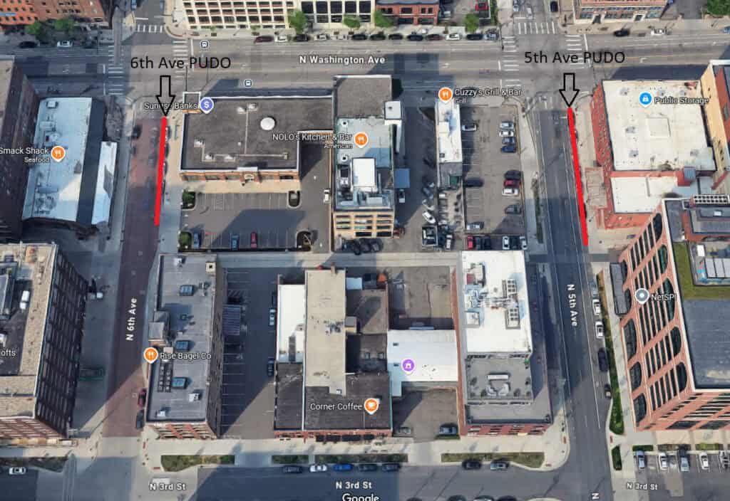 A map of the rideshare loading zone locations.